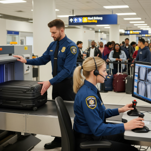 Vigilantes de seguridad trabajando en el aparato de rayos X de un aeropuerto